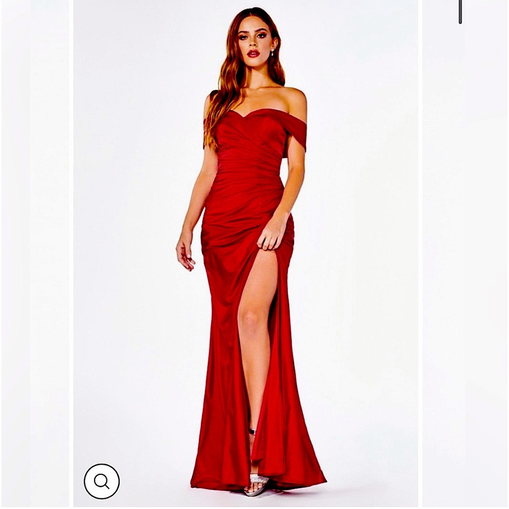 Red train prom dress